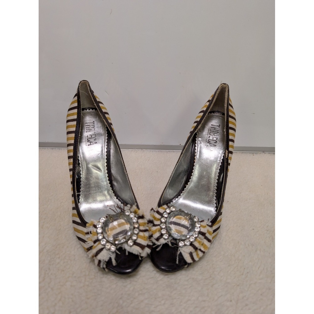 Tribeca Kenneth Cole Prime‎ Sailor Woven Striped Yellow y2k Diamond Heels 10